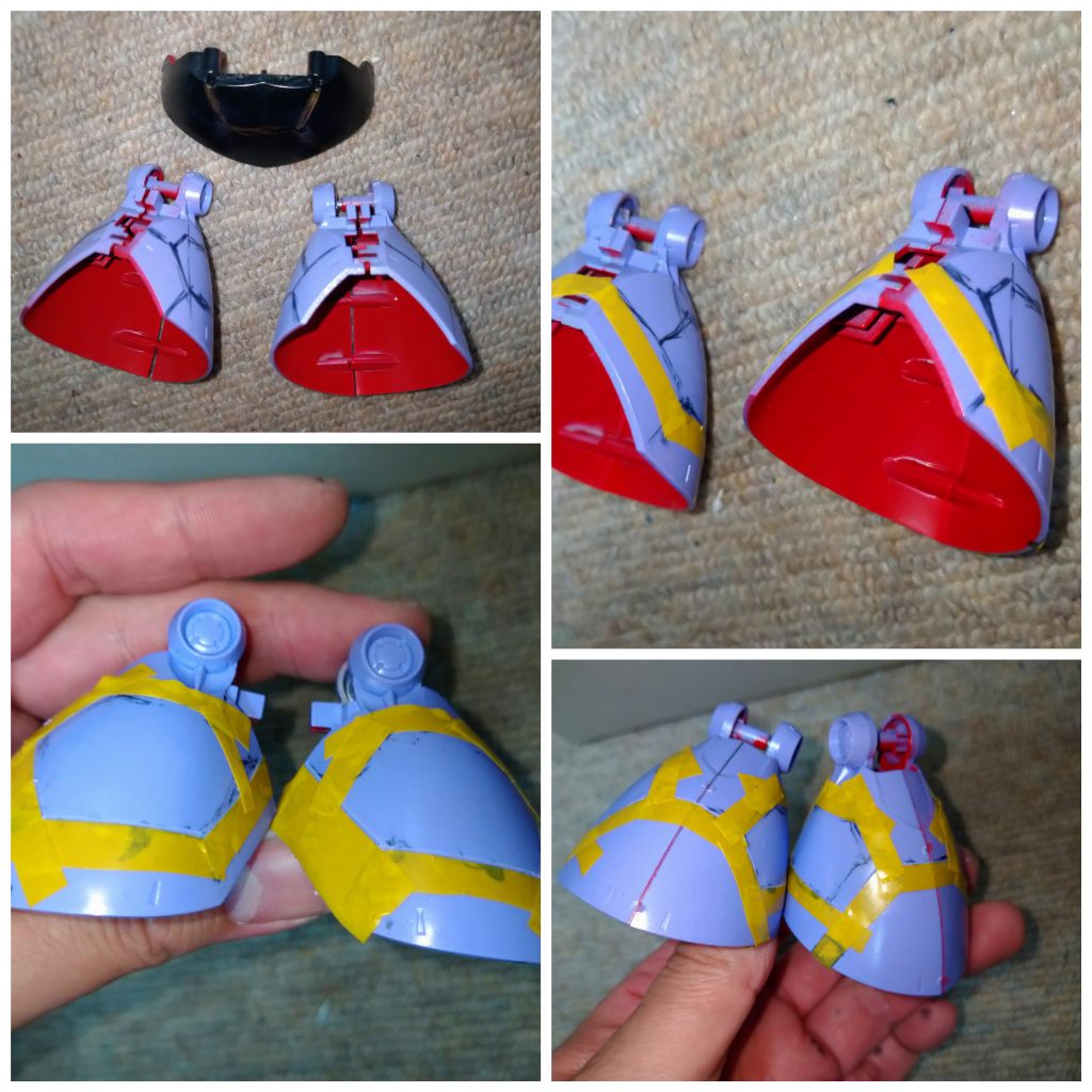 筋彫り。脚部のアーマー裏側もレッド塗布です。