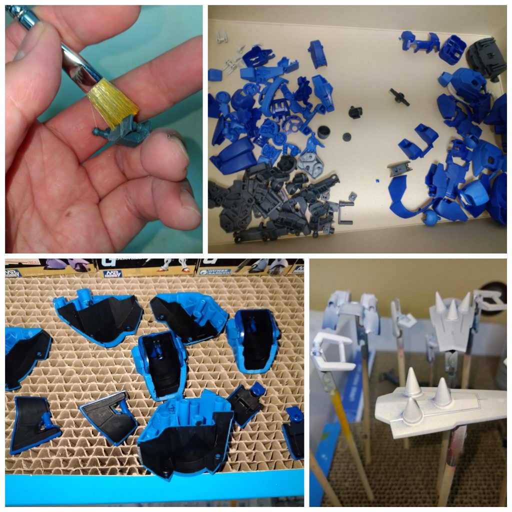削りカスは平筆で払います。180番で切り口やパーティングラインを処理した後に番手を細かくします。エポキシパテを使ったシールドと背面のランドセルのみサフ入れました。アーマー裏側はフラットブラック筆塗り。
