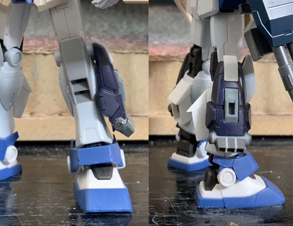 脚部ヒザアーマーはジムスナイパーIIから切り出し、現物合わせでジムのスネアーマーを削り接着。思っていた以上にうまくついて自分でも驚いた\(^ω^)/~~ふくらはぎのバーニアはジャンクになっていたジムナイトシーカーから持ってきてカバーはプラ板からやはりMGを参考に自作。脚部サイドのパーツについてはペイルライダーのパーツを削りプラパイプとコトブキヤの角バーニアから改修。ほぼ現物合わせで何度も調整してこの形になった。ここには写ってませんが太もものビームサーベルラックをプラ板で作成。