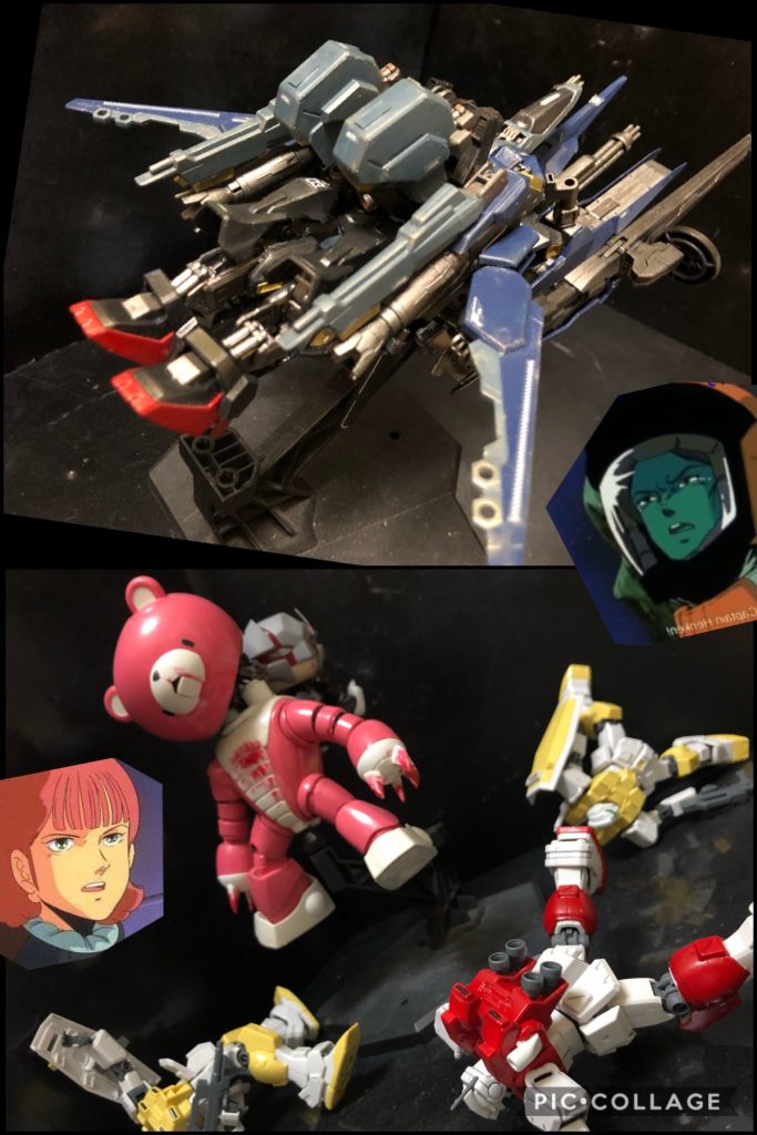 カツ「きっとあそこに！」エマ「ちょっと！可変を解きなさい！」カツ「見てください！あそこにクマっぽいMSが！」エマ「クマっぽい....って！そのまんまクマじゃないのよ！」カツ「やっぱりサラが乗っているMSだけあってかわいいなあ。」エマ「どこがよ！？暴れまわってて、むしろ狂気を感じるわ。」サラ「もう、止まって！止まってってば！」カツ「サラ！」サラ「その声は！？カツなの！？」カツ「サラ！どうしたんだ！」サラ「このクマちゃんが言う事聞かないの。どうしよう！止まらないの！」カツ「僕がなんとかする！サラ、そこから脱出するんだ！」エマ「(おーおー、カッコつけちゃて...。)」サラ「でも...。」カツ「サラ！君を危険な目に遭わせたくないんだ！」サラ「わかったわ、ありがとう、カツ。サラ、KOUさん作oyz-GUYで、離脱します！」エマ「あら、あのoyz−GUYは、GUNSTADOMに参入したKOUさんの作品ね。クオリティ高いわあ。素晴らしいわねえ。」カツ「感心してる場合じゃありません！あの暴走してるクマを止めなきゃ！」エマ「わかったわ、このロングビームライフルで！狙うわ、喰らいなさい！そこッ！」カツ「やった！エマさん、命中です！」エマ「ちょっと待って！？え？全くダメージが無いわ！どうなってるの！？」サラ「あのクマさんは、ガンダムの常識は一切通用しないんです！気をつけてください！」エマ「ええ！？どうしたらいいの！？」カツ「僕に考えがあります！エマさん、分離してください！」エマ「え！？どうするつもり？」カツ「こうするんです！ドッキングGO！スーパーくま！！」エマ「えええ！？ドッキングしたー！？」