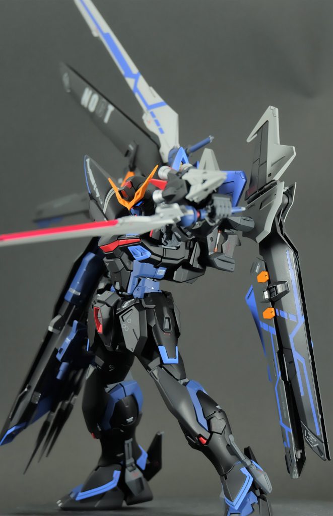 基本的に、青のランダムパターンを入れたかったので、直線が多めのノワールストライカーを取り付けたのが裏の制作理由。結構相性良くて満足です。