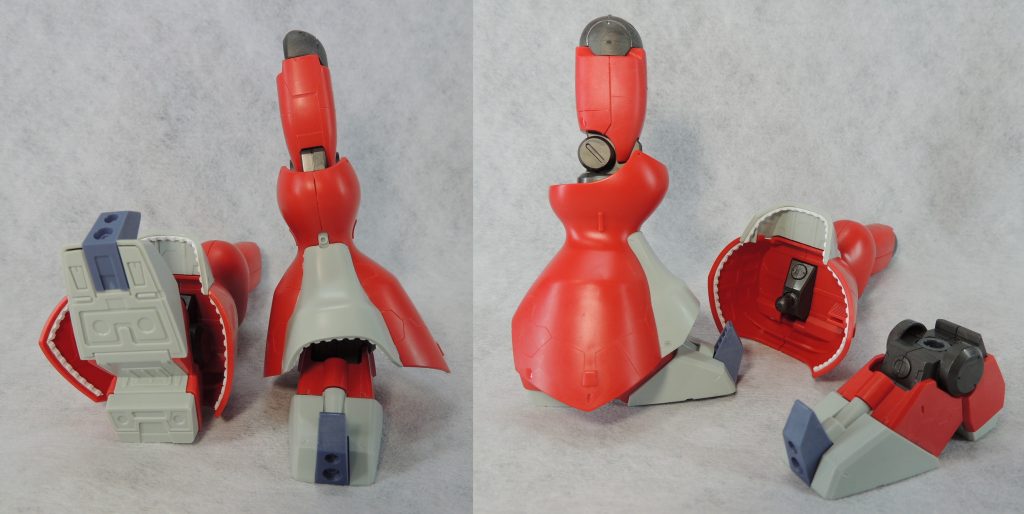 脚部のディティールアップ途中の写真です。漫画のコマから情報を拾っていくと、RE1/100ヤクト・ドーガのキットからディティールを拾って反映させていることが分かりました。それらを、できるだけ1/144スケールにフィードバックするよう努めました。