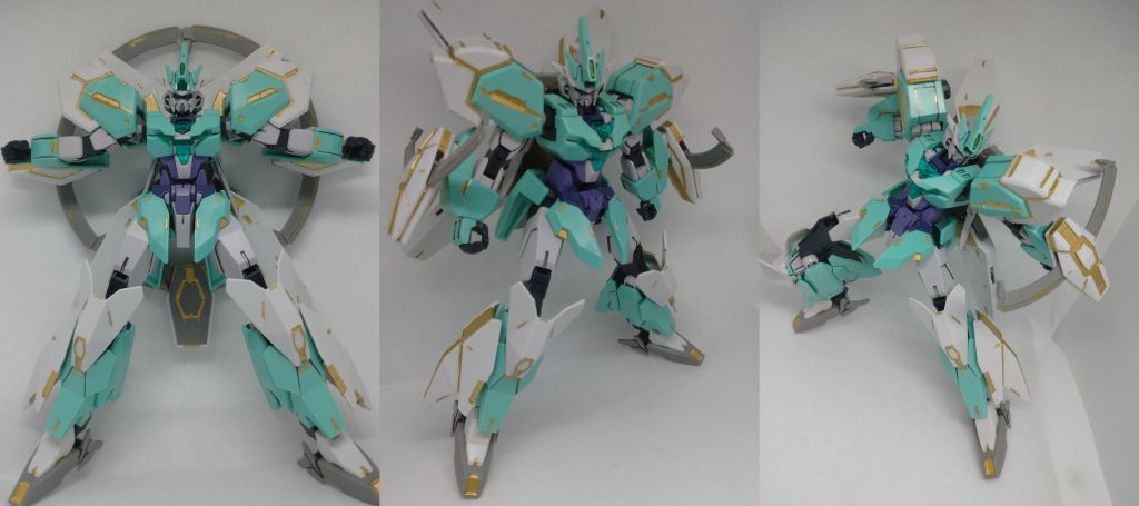 コアチェンジ!ドッキングゴー! というわけで(?)ネプテイトガンダム。もともと戦闘用の機体ではないとの話でしたが、多少のチューンはあったと思いますがあのビームガン無双はいったい…ヒナタの弓道部設定がまさか自衛用のはずだったビームガンを連射性のライジングアローにするなんて…!本当、リライズは戦闘の度にワクワクして楽しく見れました。 ともかく、このあたりはちょっと金ラインを増やしただけのキットそのままです。そのまま組んでもカッコイイのは私みたいなポンコツビルダーにとって嬉しい限りです。