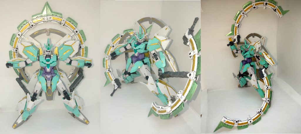 「もう俺は!目の前で泣いている誰かに、何もできなかったって後悔したくない!!だから!!」「イヴ…!フレディ…!俺に、力を貸してくれ!!」 のぼってきた太陽を背にしてヴォアチュールリュミエールを発動するのかっこよすぎでした。そして忘れられた神を追って冥王星までガンプラに乗って星間航行する展開とか本当に誰が予測したでしょう。演出がエモいのはもちろんだしイヴの声が聞こえたあたりは泣きそうになりました。 というわけで(?)なんちゃってデュアルヴォアチュール・ビヨンドリュミエール形態。材料は手っ取り早くMSGのグラインドサークルです。アクションベースを別に用意すれば劇中みたいに浮かせることができるんですけど、今回は素直に余ってたフレキシブルアームBでつなぎました。もちろん手に持てる…のですが、重い、重すぎました……まともに持ち上がらなかったです……