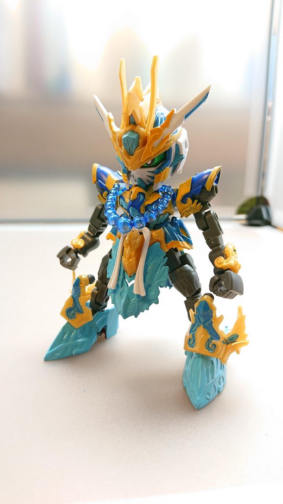 沙悟浄インパルスガンダム(軽装形態)悟空インパルスガンダム特有のクリアパーツにスカイブルーの塗料を使用してアニメのカラーリングを再現さらに自分の中で沙悟浄はスリムなイメージがあった為オプションパーツで手足を延長結果他の2体よりも雰囲気が大幅に変化しました