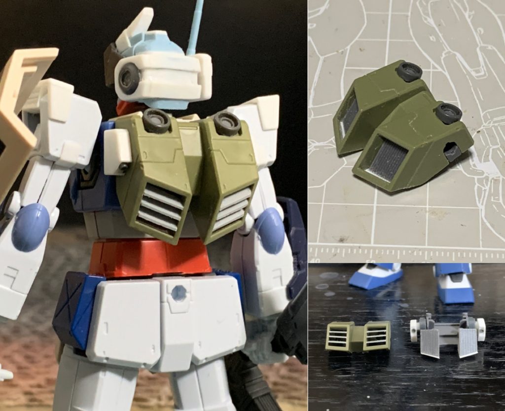 バックパックMSDジムスナイパーカスタムから流用。バーニア接続部分を切り取り、MGを参考に旧MSVジムスナイパーカスタム風のバックパックに改修。バックパック上部のバーニアもコトブキヤの丸モールドに変更。