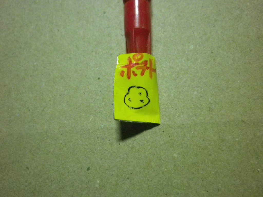 それっぽい?模様と文字を書いて完成です。圧着させているので意外と丈夫なのでそれっぽくシワを加えると?リアルに仕上がります。