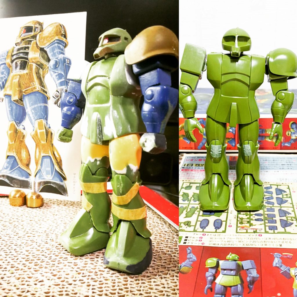 設定画を参考にしつつ。肩のハの字切り、右ショルダー2mm詰め、エラを削る、股関節2mmアルミ線つっこむ、あとモモの厚み（設定画のなまめかしさw）を出すためにパテをもりました。