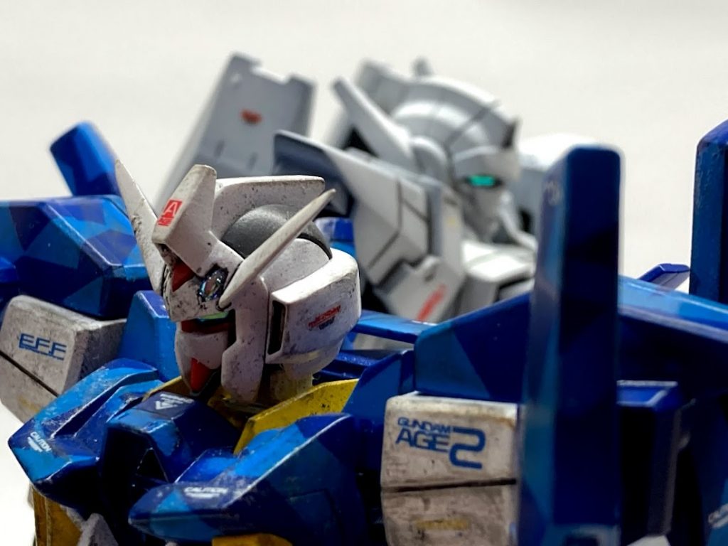 最後にカラーレシピ。すべてタミヤアクリルで塗装してます。下地は普通のサフ。水色部・・・スカイブルー80%+白20%青色部・・・ロイヤルブルー80%+白10%+スカイブルー10%関節部・・・黒50%+フラットグレー40%+白10%装甲部・・・白100%+フラットグレー微量黄色部・・・オレンジ下地にレモンイエロー(どちらも100%)ぜひコメント、いいねなどお待ちしております。ツイッターもやっております。こちらもフォローお願いします。励みになります。次回作はGバウンサーです。こうご期待。