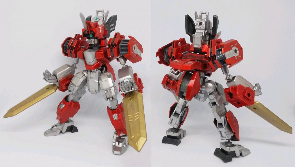 フロント&リアビューそこそこな重装甲+それを補う高機動システムをコンセプトに格闘戦型という形で仕上げてみました。30MM要素が強いのもありガンプラ要素が薄いですが胴体をジェノアス、腕部にジェガンのパーツを使い一部関節（腕部と足首）にボールデンアームアームズのボールジョイントを使用、ハンドパーツもビルドハンズの物を使用してる為、わりとガンプラのパーツを使っていたりします。