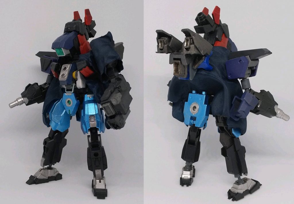 フロント&リアビュー前作のブレイドベリルと対となる機体として製作、ジャンクパーツをそれっぽく組み合わせただけの機体ですが、完全高機動仕様かつ射撃型とブレイドベリルとの差別化に成功していると思ってます。(設定としてブレイドベリルは最新鋭の機体、ジャックガンナーはジャンクパーツを組み合わせ作られた機体となっておます。)