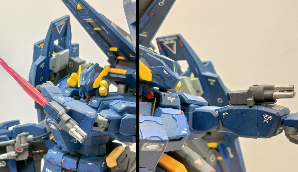 ボックスタイプビームサーベル&小型ビームガトリングガン ビームガトリングガンはあくまでもけん制用で威力はそこまで高くない。ボックスタイプビームサーベルは通常のビームサーベルも装備しているのですが、シェキナー装備中はビームサーベルを手に取ることが出来ないため本装備が開発された。