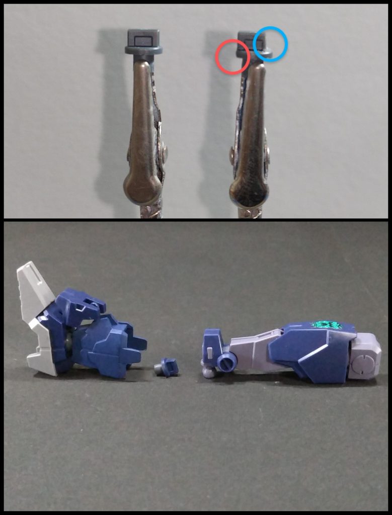 コアガンダムと延長脚の接続は30MMのジョイントパーツを加工した物を使っています。赤丸部分はコアガンダムの脚に干渉するので、軸とツライチになるように切り取り。青丸部分は緩くならないように合わせながら少しづつ削りました。