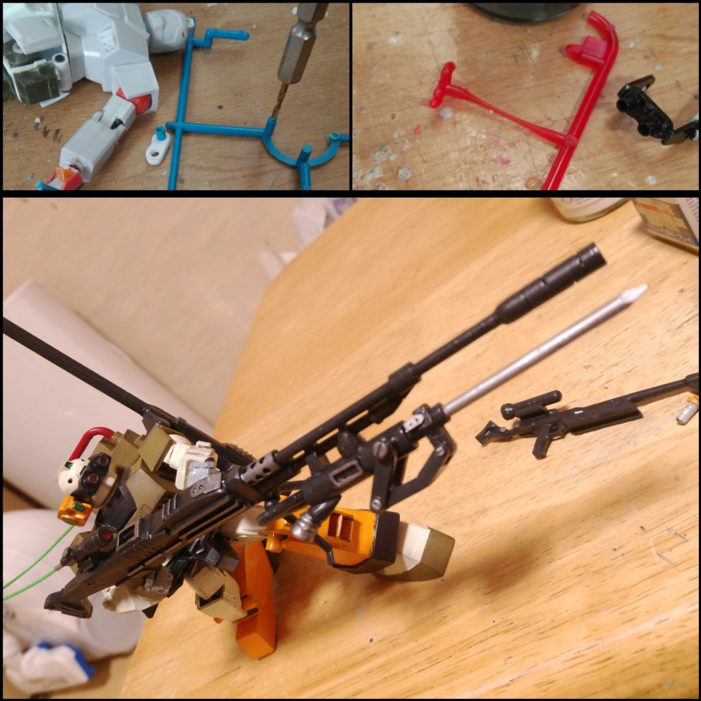 狙撃時はバイザーを使用スコープとバイザーはケーブルで繋がっているのでスコープを覗き込む必要は無しバイザーの中の赤いレンズはクリアのランナーをあぶってびょーんと伸ばして制作