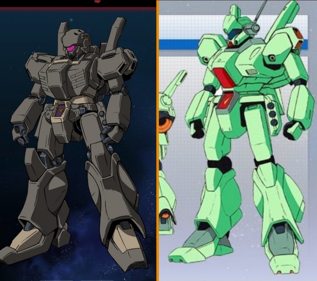 アニメ画稿をノーマルジェガンと比べてみると、あら！どうやらキットは頭部、肩、胸の追加装甲以外はノーマルのままのようなので、左の絵に近付けるように改修しました。(胸部強化装甲から見えるハミ乳笑は胸部側面にプラ板を貼って再現。下腹の角度が逆なので切り取って別パーツにした上でプラ板で太らせ、逆さに接続できるようにしてます。)