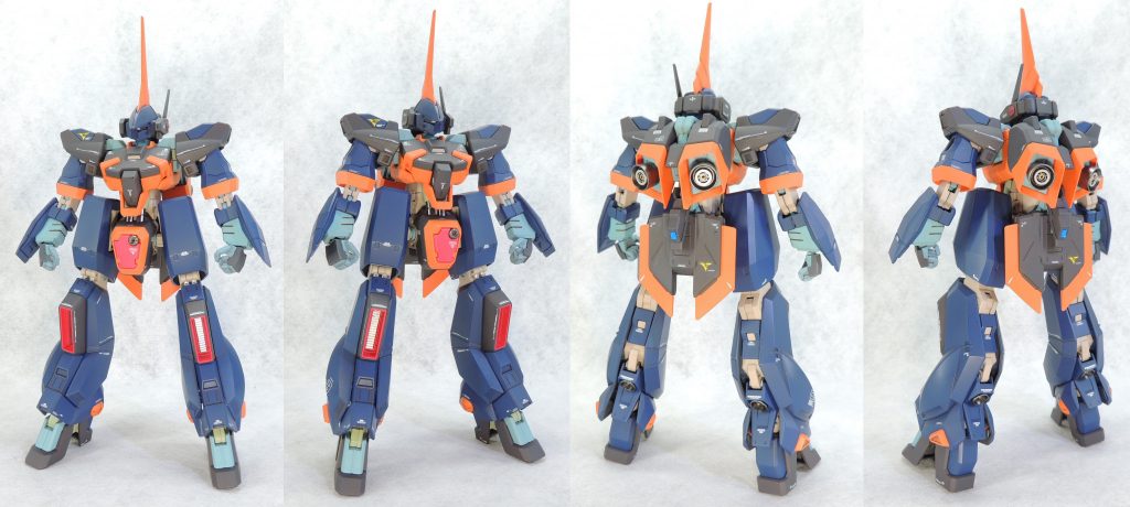 まずは本体から。モノアイにハイキューパーツのドーム状の部品を使用。腰部の青色のセンサー部は、メタリックシールとUVレジン(ハードタイプ)により、クリアパーツのような質感に。