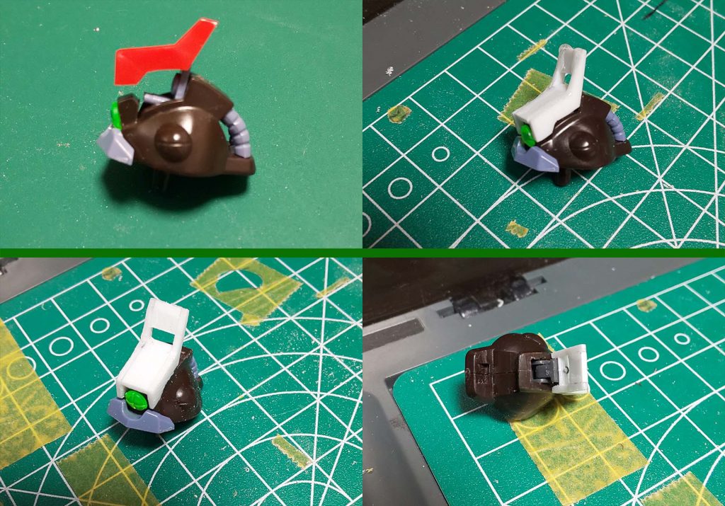 今回一番の要、頭部ファランクスカバーの改造です。元キットのスライドアップがとても気に入らないので、カバーごと作り直しの上、可動軸を埋め込んで上に跳ね上がると共にファランクスが露出する構造にしました。