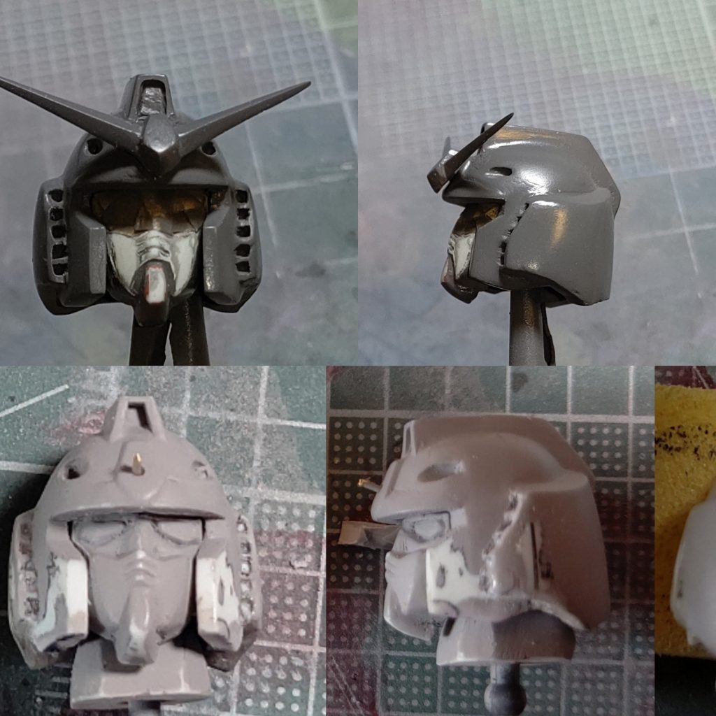 上段が再改修版、下段が以前の状態頭頂部メインカメラ大型化左右ダクト部を前に移動側面に少し丸みを持たせて設定画に近づけました。 