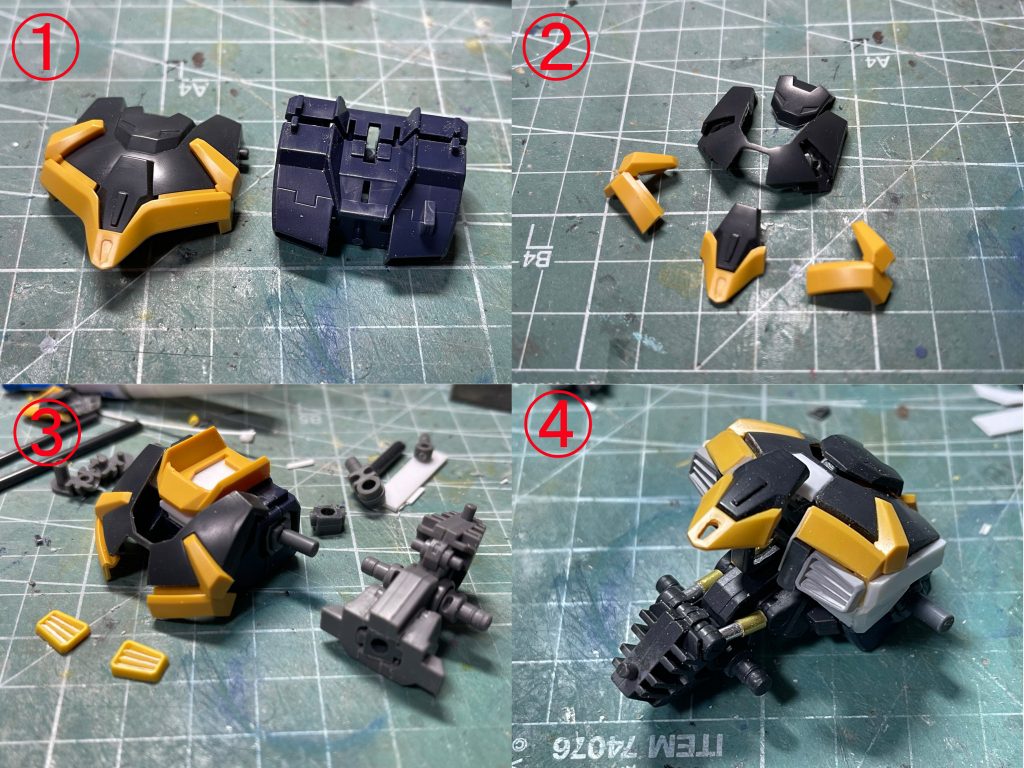 ゼットコンにむけて制作開始します。カッコイイバーザムを作りたい!けどレジオン版はみんな作ってるし!MK2とのミキシングもありきたり!ということで、さらに先祖返りしてヘイズルとニコイチで組んでみようと考えました。さらに不運なZガンダムの裏主人公、あのJM中尉の専用機にしてみます。某民間人に殴られたのをきっかけに転落人生を歩むことになるエリート士官。かたや超高性能機を乗り回して伝説に、こちらは最期に声すら無く戦死とか。もっと活躍してほしかった。いや、せめて死なないでほしかったです。閑話休題。 ヘイズルをベースにするといっても見た目バーザムにならないといけないので特徴的なパーツをバーザムから移植します。ヘイズルの胸部をベースにバーザムのよくわからない甲羅を貼り付けます。が、そのままだと面白くないのでいろいろとバラバラにして面構成を変えてみます。 ガンダム系のコアが入ってる説得力を強めるためにアイコン的に胸部ダクトを見える位置に配置。 腰のシリンダーは金属パイプに置き換えてあります。胴体の方向はこんな感じで。