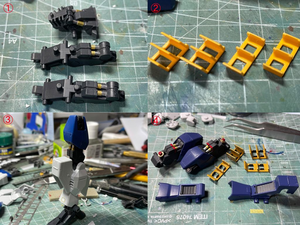 腰のシリンダーと同じく、大腿部のシリンダーも金属パイプで制作。シリンダー作るの好きですが、こんなにたくさん作ると嫌になります。しかも10mmと小さい上、組み込む隙間、狭いし。 特徴的な脚のスラスターは内部も作り込みます。黄色い偏向板は中を執念でくりぬきます。 バーザムの膝関節にヘイズルのひざ下を合わせますが、もともとのダボやダボ穴をうまいこと使ってのシンデレラフィットを実現。足首はボールジョイントで動くので、脚部全体はオリジナルよりも可動域が広くなりました。どうせ固定ポーズにしたままなので、関節なんか動かなくても良いっちゃー良いのですが、ポージングで微妙な表情を出したいとき、やっぱり少しでも関節は動いたほうが映えますもんね。 ひざ下の黄色いスラスター偏向板はくりぬいた左右にもちいさい偏向板を取り付けて密度をあげてあります。ももの下にある赤いポッチはもともとパーツ取付ダボでしたが、わざと残して接触ダンパーっぽくしました。膝が当たってもシリンダーは大丈夫、みたいな。