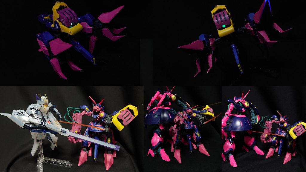 申し訳程度のMA形態を載せておきます。他の部位どこいったって感じなんですが、その通りで、取って乗せただけです。おまけの比較用にクリアカラーのウーンドウォートとのツーショット。制作に踏み切れないバウンド・ドックとのツーショットです。