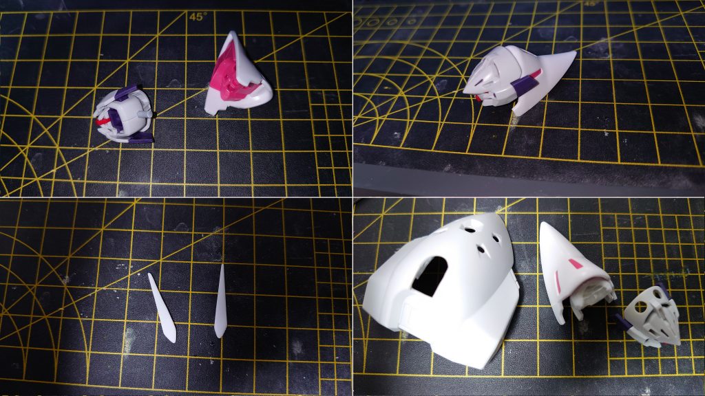 制作はじめはいつも余りパーツを眺めてイメージを膨らませます。キュベレイの膝パーツをみて、あれ、コレいけるんじゃ?と思ったらこれが見事にフィット!耳はプラ板から作ります。