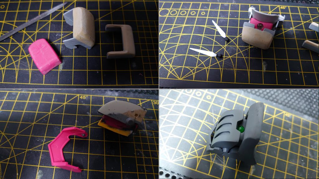 そして一番苦労した左腕。ピンクがキュベレイの肩の内側のパーツだった気がします。これをベースに象徴ともいえるMA形態の顔の部分をパテとプラ板でスクラッチ。何かプラスしたかったのでキュベレイの胸の部分を冠っぽくつけてみました。目はウェーブさんのクリアパーツを塗装しています。これをコンポジット・シールド・ブースターに取り付けています。