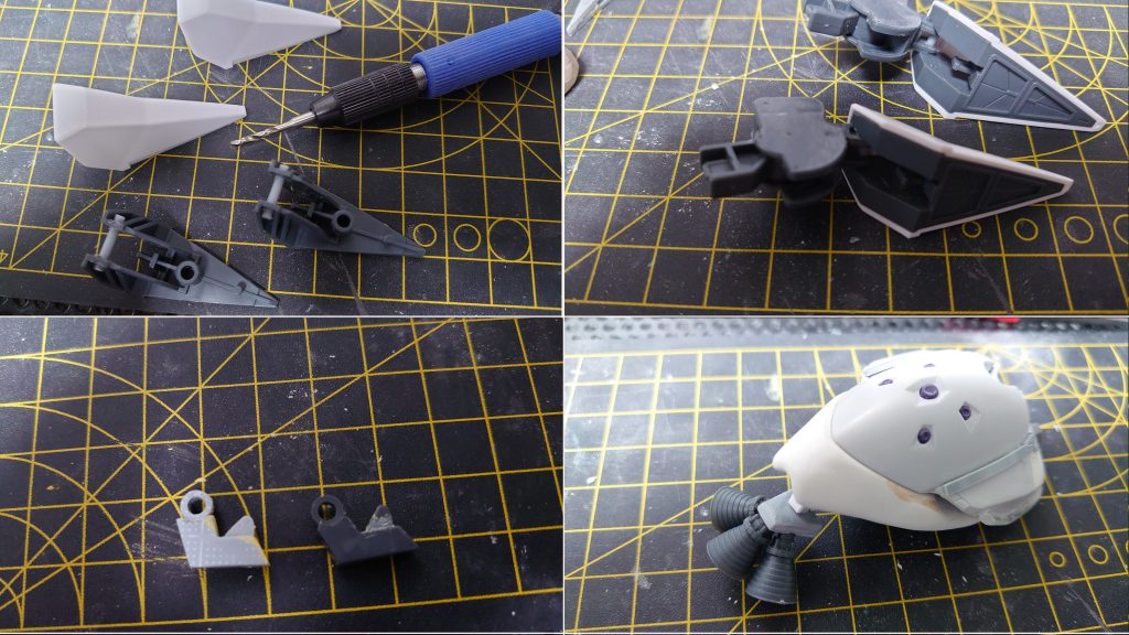 上の画像はキュベレイの足に細工をして、キュベレイのどこかの関節と合体。後ろ側にはスクラッチしたパーツをつけて足を作りました。下は腕のシステムウェポンの爪をプラ板でコピーしたもの。腰の部分はそのままだと小さいので、パテで延長したものと、特に意味はないのですが、上下左右にスイング可動するバーニアを取り付けました。後から尻尾を取り付けたので、本当に意味がなくなりました。