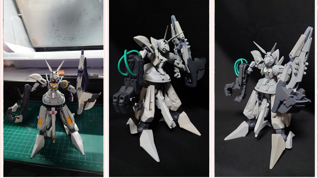 塗装前と、細かい修正前にはなりますが、サフ状態です。この時にカラーリングに迷いが出ましたね。完成したと思ったらビームサーベルの柄がなく自作したり、足首がぽっきりいったりと、最初から最後まで大変な思いをしましたが、とても楽しい制作でした。見て下さりありがとうございました。