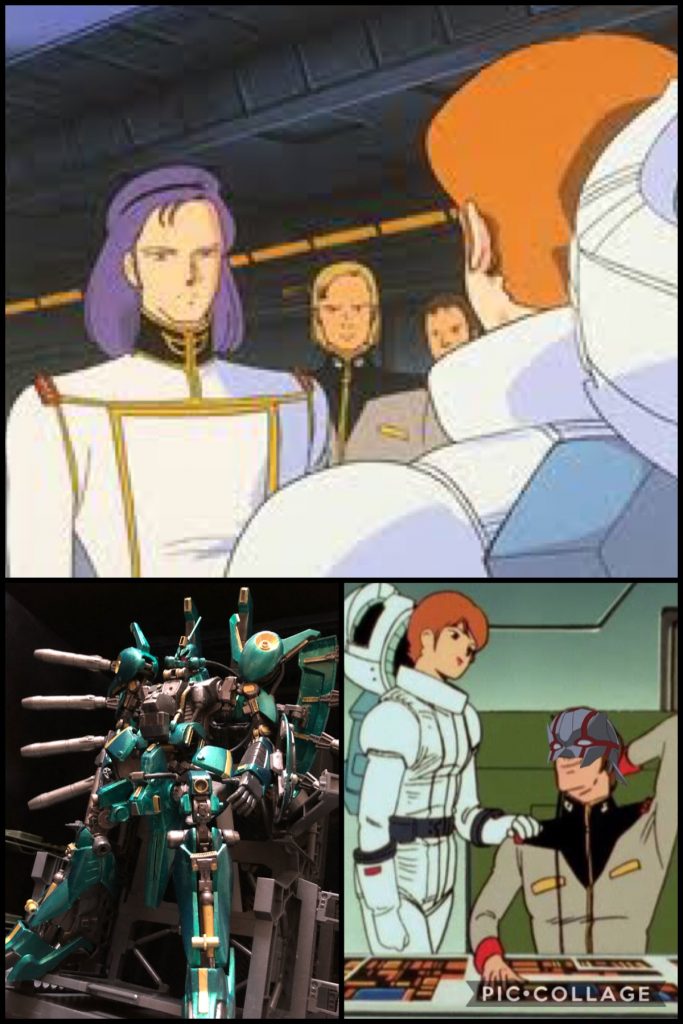 シロッコ「.....何？アステロイドベルトから地球圏に？」兵士「はい、例の”アクシズ“とかいうものが。シロッコ「ティターンズと接触を狙っているというのか。」兵士「さぁ、そこまでは…。」シロッコ「ふん、詰まるところ、ジオンもティターンズも一緒だ。ならば.....む？そこのノーマルスーツ！何をしている？」レコア「あ、ヤバっ！！は、はい。あの、あたし…。道に迷ってしまって…。」兵士「道に迷った？」レコア「は、はい。」シロッコ「何処の所属のものか！？」作業員A「あ、いた！その女、先ほどご報告した漂流者です。」兵士「漂流者？漂流者って言ったらバイファムか？何でこんな所に…？」レコア「あの〜、案内板見て楽しそうだったので....。」作業員A「嘘を吐け！」レコア「本当です！」シロッコ「名前を聞かせてもらおう。それと所属だ。」レコア「私、レコア･ロンドです。サイド2、85バンチの.....！」シロッコ「フッ、レコア･ロンド、か。」レコア「(バレてるかな...。)」兵士「キャプテン！外に漂流者を名乗る金色のMSが。」レコア「(あの野郎！)」シロッコ「追い払っておけ。」兵士「ハッ。」シロッコ「フッ、今日は漂流者がよく来る。その漂流者はレコア・ロンド。君の知り合いかな？」