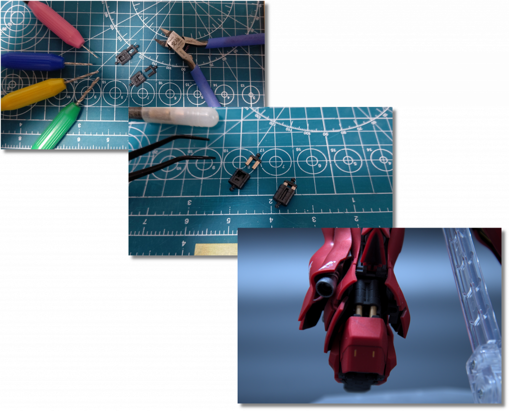 アドヴァンスドMSジョイントであるアキレス腱のシリンダーが固くて全然動かなかったので、思い切ってカット。シリンダー受け部分をピンバイスで広げて稼働がスムーズにできるようにしました。全然目立ちませんが。