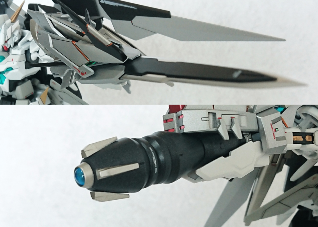 グレイソード/ガルルキャノングレイソードはダブルオーのシールドを貼り合わせ、エクシアRⅡのGNソード改を差し込み制作。ガルルキャノンはビルドブースターMk-Ⅱのドーム状パーツ2つをノーネイムライフルのセンサー2つを間にはさみ接着し、シナンジュのバズーカの砲身を接着し制作。先端はGNドライブの爪を4つ貼り、市販の丸バーニアとレジンで砲口を制作。