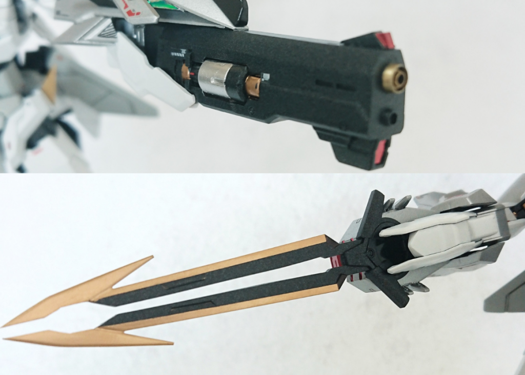 グレイキャノン/ガルルソードグレイキャノンはキュリオスのビームサブマシンガンを幅増しし、センサーを先端下部に移動。上部センサーはプラ板から新造。砲口は丸バーニアと真鍮パイプで制作。ガルルソードはダブルオーダイバーエースのGNダイバーソードの真ん中を切断し、先端はプラ板により制作。