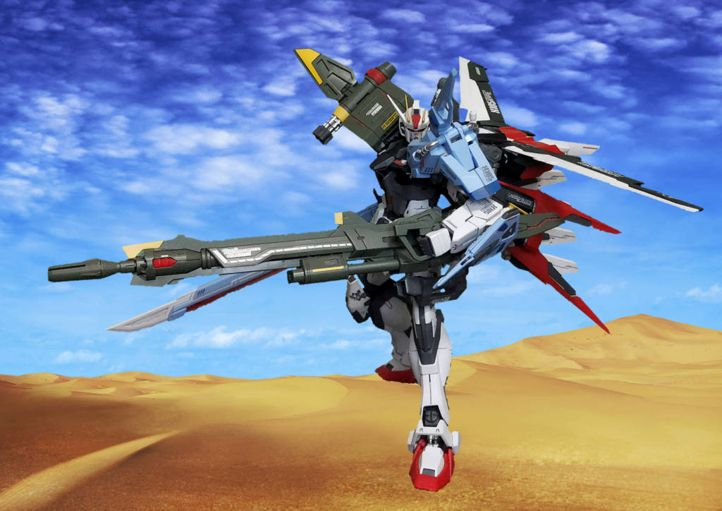 IF設定71年の大戦後、キラがエターナルに乗り捨てていたストライクルージュは、モルゲンレーテに返還され、修理の上保存されていた。 73年、カガリはアカツキをネオ·ロアノークに託したが、本国の防衛力低下は否めず、モルゲンレーテに打診、パーフェクトストライクのデータが残っていた同社は、アサルトマルチプルストライカーの予備パーツを使って、再びパーフェクトストライクを組み上げたが、前データを流用したため、エンブレムも前のままだった。カガリが搭乗することを前提にしていたが、代表を最前線に送るわけには行かず、バルトフェルドからムラサメを譲り受けるまでもっぱらキサカが使用して、地上のザフト残党に対処した。 