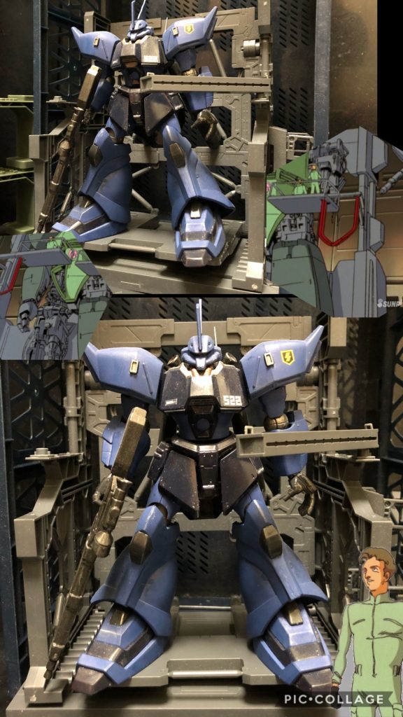 アストナージ「作業急げ！膝の装甲もさっさと外すんだよ！手が遅いんだよなぁ。」カミーユ「これ、このゲルググ、たまたまヤマダで売ってたヤツ？」アストナージ「ああ、コレをさっさと作れってんだから、無茶な話さ。オラ、クレーン！もっとゆっくりだ！」カミーユ「動くんですか、こんな旧式？」アストナージ「可動は狭いが外見の形状は良いぜ。それにコイツはゲルググJの素組みに色塗っただけだよ。」カミーユ「でも、見張りぐらいにしか使えないな。戦闘は無理でしょ？」アストナージ「あれ、聞いてないの？レコア少尉が、ゲルググを使ってジュピトリスに潜入するのさ。本人が志願したんだってさ。」カミーユ「ジュピトリスって、あの木星にいた…？」アストナージ「コラァ、そこ！ライフルはいらないって言ったろ！」作業員A「ええ！？ウソでしょ！？ライフルは要りますよ！」作業員B「スジボリはどうしますか！？」作業員C「ディテール追加しなきゃ！」作業員D「エアブラシは用意出来てるのか！」アストナージ「ええい、止めろ止めろ！ここの制作者は可変開発以外は何も出来ないんだ、そういうのは要らないんだよ！」カミーユ「レコアさん、ジャブロー時みたいに無茶をする気なのか…。」レコア「では、行きます！」ブライト「宜しく頼む。」カミーユ「レコアさん、行ってしまった。」ファ「何よ、心配ならついて行けばいいじゃない。」カミーユ「ゼータで付いてったら怪しまれるじゃないか。」ファ「やっぱり付いて行きたかったんだ？」カミーユ「ファは心配じゃないのか？」ファ「心配するに決まってるでしょ。」カミーユ「なんだよ、それ。」ブライト「まあ心配なのはわかるが、レコア少尉ならやってくれる。彼女を信じよう。」