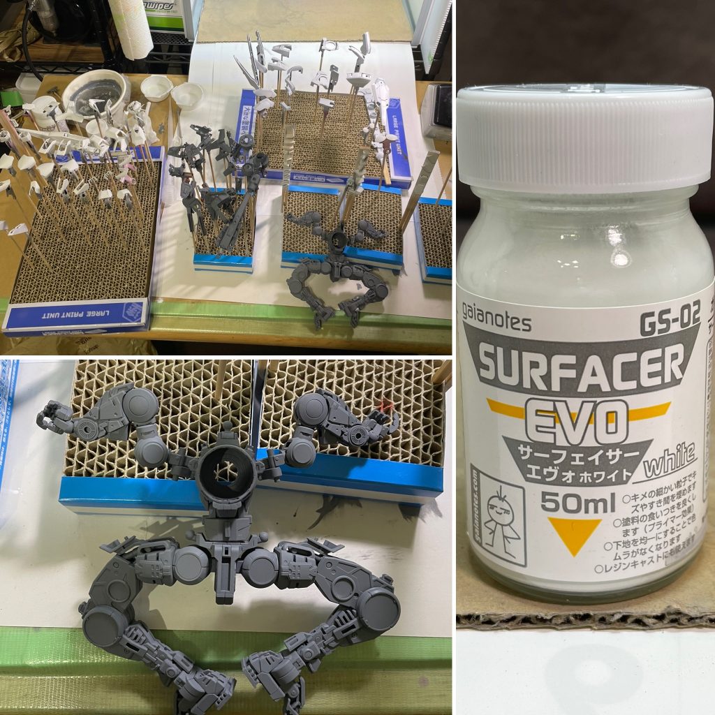 今回のサフ吹きは白•赤•青•黄パーツはホワイトを、フレーム系はメカサフを吹いてます。