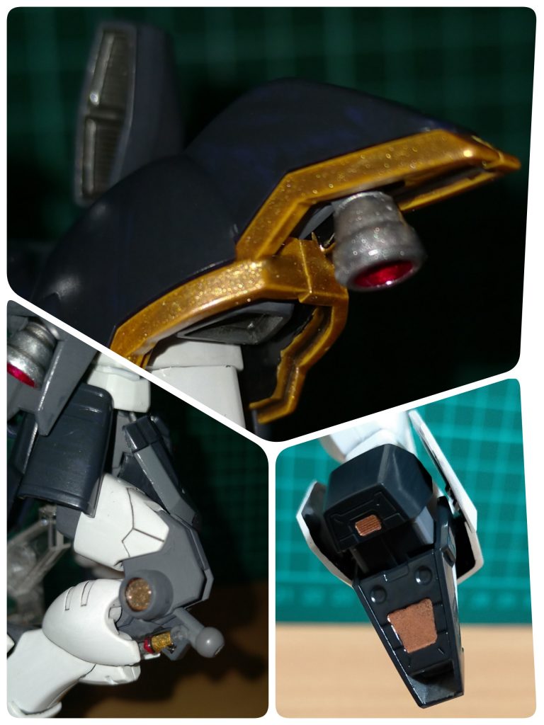 細部塗分けバーニア:シルバー＆クリアレッド膝関節:金＆銀＆メタリックレッド足裏:コッパー＆メタリックグレー関節部のシリンダーの塗分けするだけでもメカニカル感が増して良いですよね！まぁ今回ほぼ見えませんがね（笑）