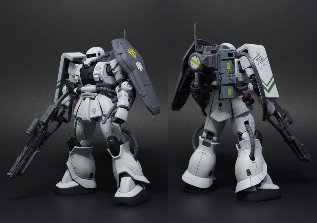 前後写真今回は所属サークルのオリジンザク合わせとして製作したためサークルイメージカラーに仕上げています。改造ポイントも少なめでライフル、シールド、バックパックと細かい装飾程度に抑えており、あくまでザクⅡの装備バリエーションのような感じが出せていればいいなと。