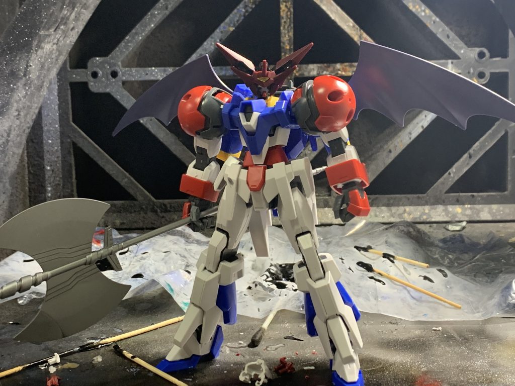 フォロワーさんから羅刹天の頭部がおすすめという情報を聞き頭部には羅刹天の改造した頭部を使用スーパーロボット向きのタイタスの腕を使用しマッシブに 羽やゲッターレザー、トマホークはSDの格安の真ゲッターを使用しました