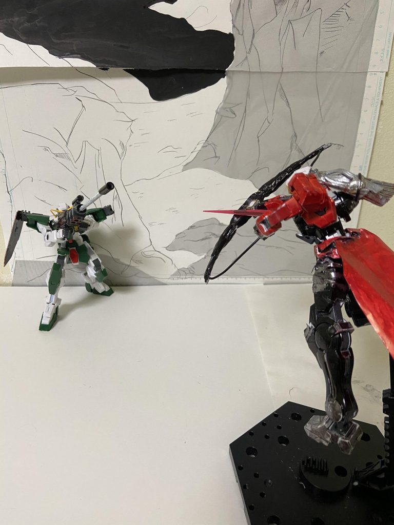 対決弓兵vs狙撃手せっかくなので無銘と共に撮影してみました、長距離狙撃を仕掛けてくるデュナメスに対し弓で応戦距離縮めつつ攻める、狙撃戦が勃発。