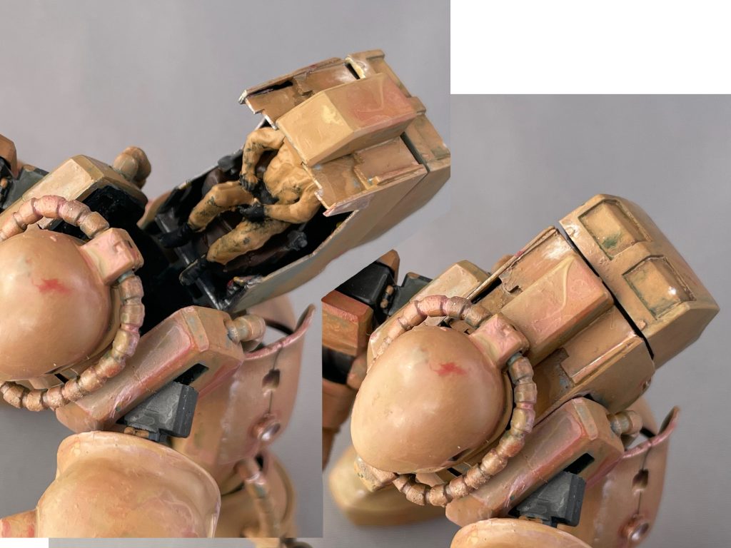 ザクだとどうしても奥行きが無くて座った体勢のフィギュアが入らないので，プラ板細工で1cmほど後方に伸ばしました．例によって適当なパーツをくっつけてます．