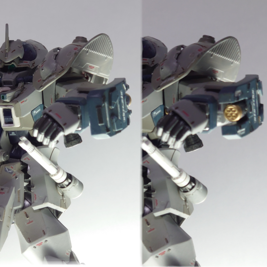 武装その4 シールド小型のシールドでバルカン砲を内蔵している。ディテクターの肩のやつをプラ板ぺたぺたしたりしてます〜