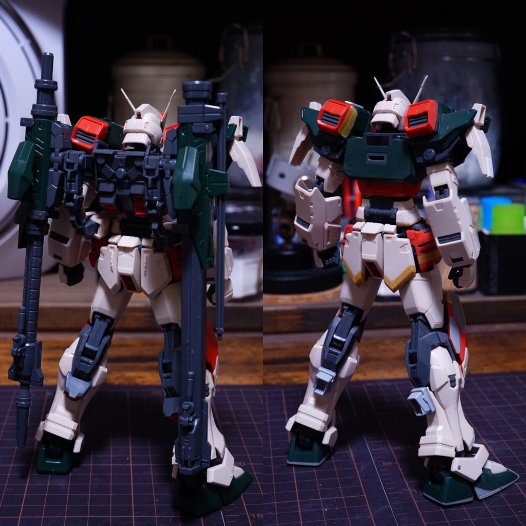 主な工作。胴は1mm、脚部2mm延長それに合わせてサイドアーマーとリアアーマーも2mm延長してバランスを調整しました。肩、膝、サイドアーマーにあったキット特有の既存モールドは削除しました。膝は上に5mm、前方に1mmプラ板貼り大型化し、ディテールの追加をしています。スリッパ部分も形状変更しました。アンクルガードと脹脛のスラスターは設定画に寄せました。