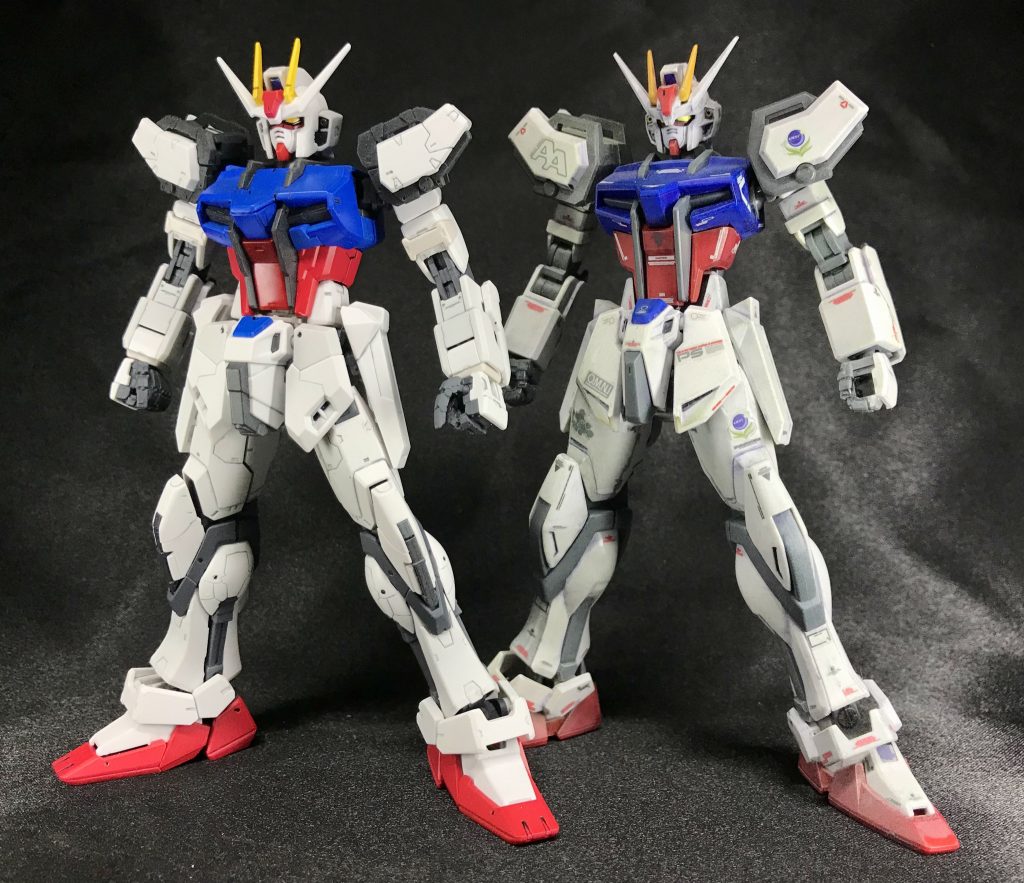 去年作ったHGのストライクガンダムと。 この時は私自身、ウェザリングにハマっていたので純粋に塗装面でどう進化出来たかってゆうのは判別しにくいですが、それ以前にHGの時は成形色仕上げでした☝🏻なので、こうして全塗装も出来るようになったんだなと☺️  そして、表面処理やゲート処理はかなり気を使って頑張ったつもりです！ ルーペ使って確認しましたもん笑将来的に制作代行をするってなったらそのぐらい気を遣わなければいけないのだと、これも実際に現場のお仕事を見させて頂いて学んだ事であります😌
