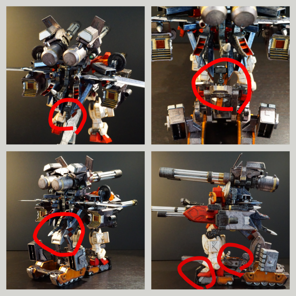 一番迷った箇所が、パンツァーとフライトユニットの接続構造です。回転する小さなポールジョイントで、スラスターの先とパンツァーのプレート繋ぎ、回転させると収まります。スラスターにもジョイントをつけて干渉を避けました。また、MSの脚部を挟んで固定出来るようにもしています。