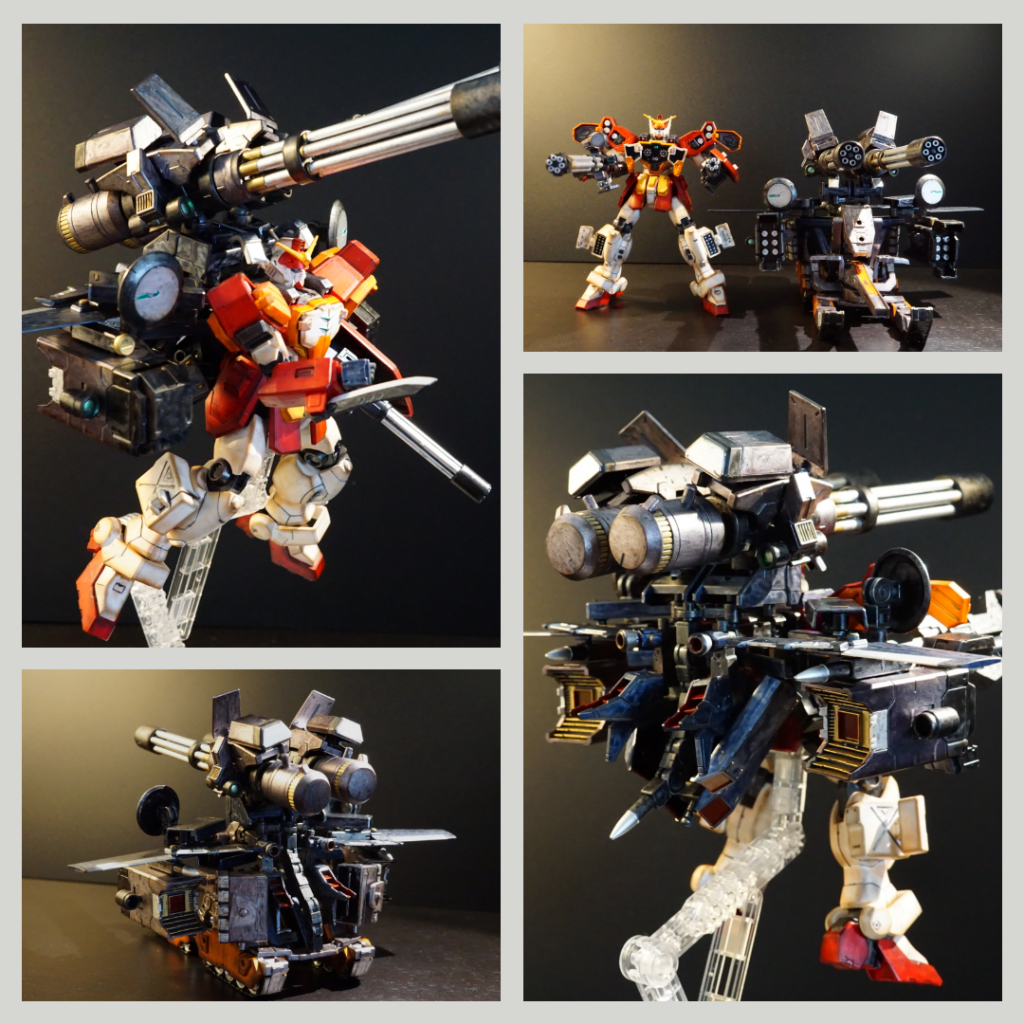 アームズ分離状態のカットを纏めてみました。アーミーナイフは非合理的で大好きな武装です(笑) 右手武装が弾切れしたら使う…かも!?背面の尻尾は、パンツァーとフライトユニットの接続用にもなります。背面も豪華に見えるよう、スラスターを多く配置し、ゴールドと赤を多めに使いました。
