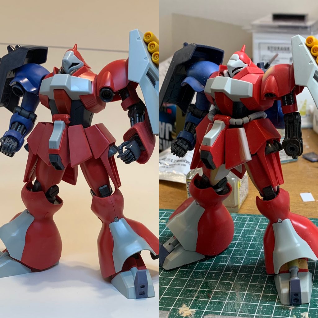 いろいろやりましたが、なで肩の解消が効果的な気がします。左肩も跳ね上がりを抑えてます。サイドアーマーは接合部の位置を変えて上に持っていってます。太ももも太くしてたみたい。