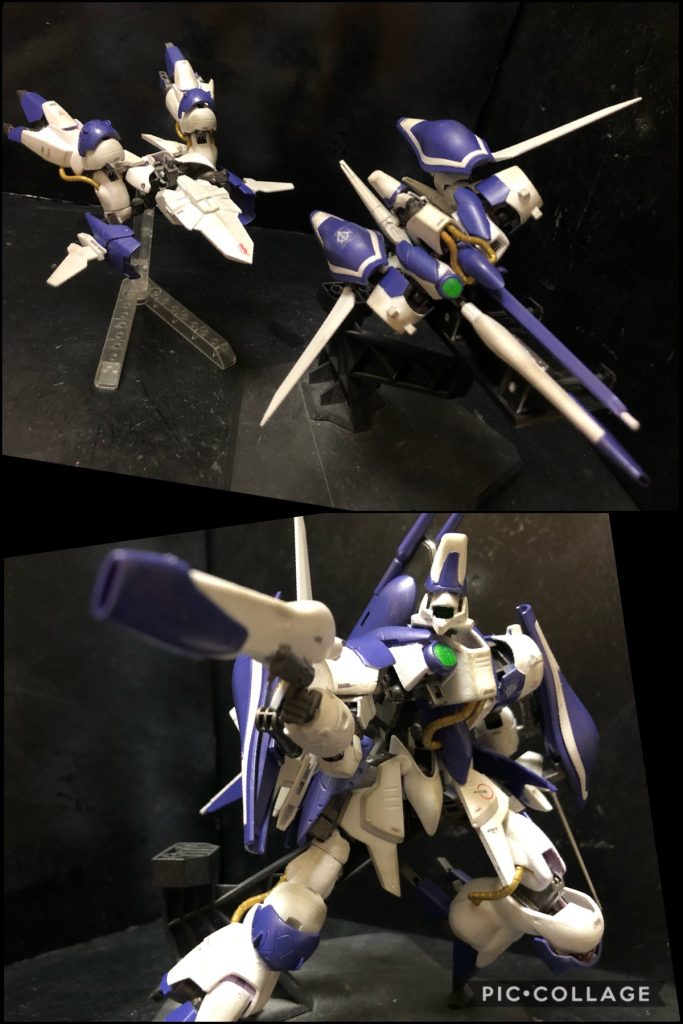 oyz「主武装として、ナックルバスターを手持ちに変更したナックルバスターライフル。ガザCは集団戦術に特化しているので胴体接続でパワー重視になっていますが、ハマーン様の機体ですので、単独時に腕に持つことで照準が付けやすくなっています。従来の接続に戻す事も可能です。」ハマーン「うむ。」oyz「近接武装では、サイドバインダー内部にビームサーベルがあります。ただし、バインダーが腕に付いているガザシリーズの特性上、取り回しに難があるので、擬似GNヒートソードをそれぞれのバインダーに内臓してあります。可変時に羽根になっている部分です。」ハマーン「コレは武器だったのか。」oyz「バインダーを反転させれば、ガンダムエクシアさながらの近接武装になるんですよ。ただし、本機はGNドライブを有してませんので、切れ味は高くありません。多用は控えて頂ければ。」ハマーン「わかったような、わからない様な説明だな。頭に入れておこう。」