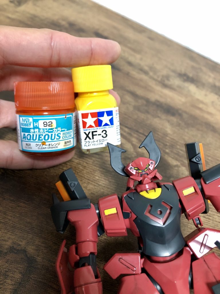＜スラスター＞　・（100%）水性ホビーカラー　つや消しホワイト　※下地　・（100%）水性ホビーカラー　クリアーオレンジ＜刀＞　・（100%）水性ホビーカラー　クリアーオレンジ＜その他＞　・（100%）タミヤカラー　XF-3　フラットイエロー