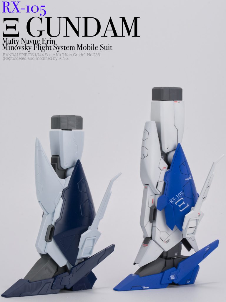 最大の難所だった脚部。太ももで1.5センチ、足首で1センチ延長。膝、スネ前面、足首カバー、足首フレーム、カカト、脹脛カバーはスクラッチ。ハの字の非ガンダム的だったラインを、垂直に落ちる正統派ガンダムのラインに。